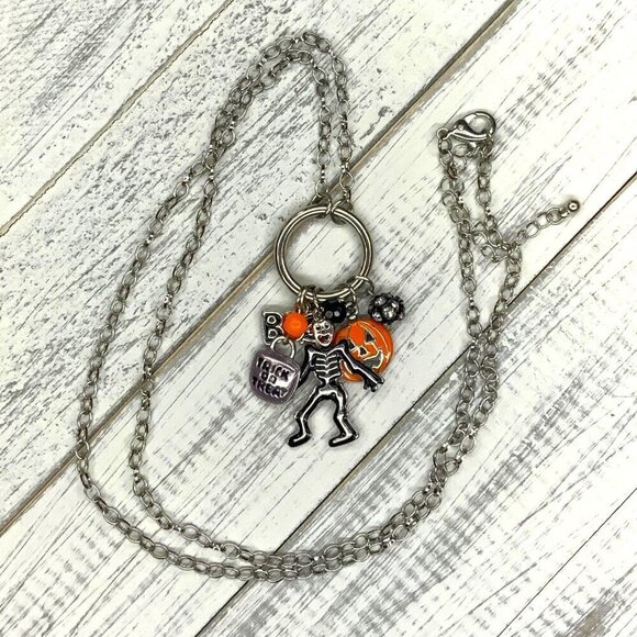Halloween Necklace Earrings Set Silver Tone Spider Web Skeleton Pumpkin - Picture 3 of 5